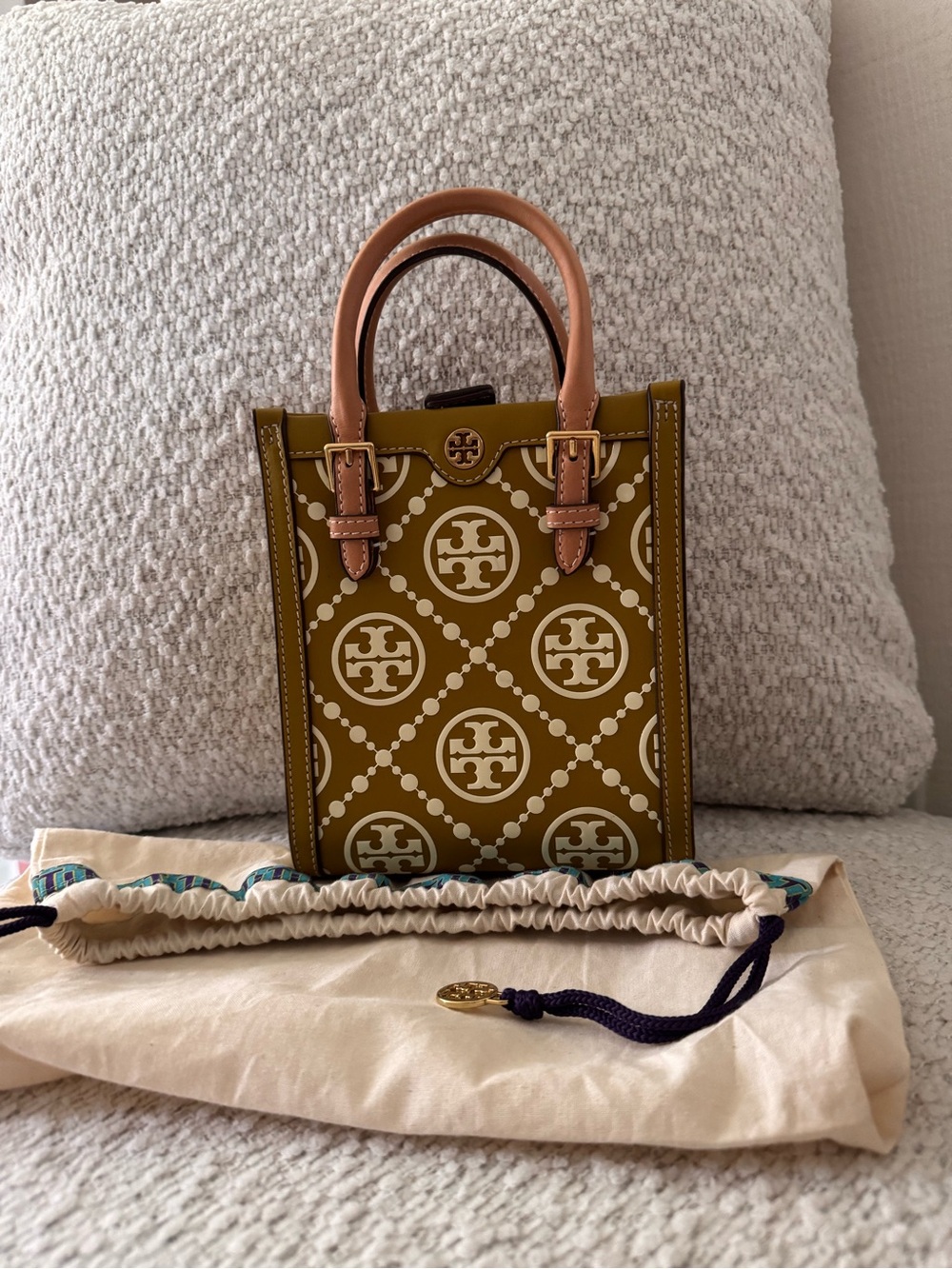 Tory Burch Olive Green Mini Tote with Pink Leather Handles